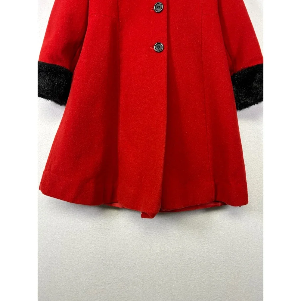 Vintage Holiday Rothschild Kids Size 6 Red Wool Hooded Faux Fur Trim Coat C56329